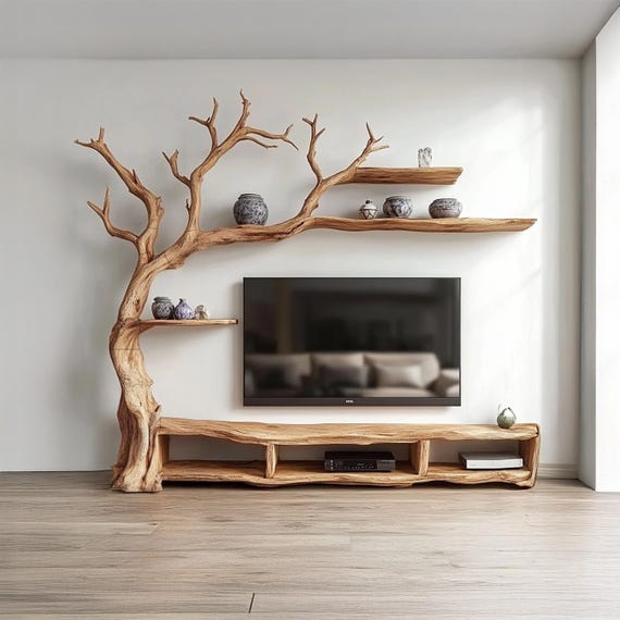 Tree Branch Wooden TV Stand | Handmade Rustic Entertainment Center | Artistic Natural Wood Wall Shelf | Unique Living Room Furniture