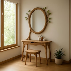 Rustic dressing table solid wood mirror vanity table home decor wood dressing table mirror gift for her natural wood mirror vanity table