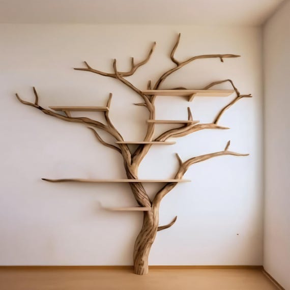 送料無料 ツリーブックシェルフ装飾 無垢材彫刻 フローティング本棚