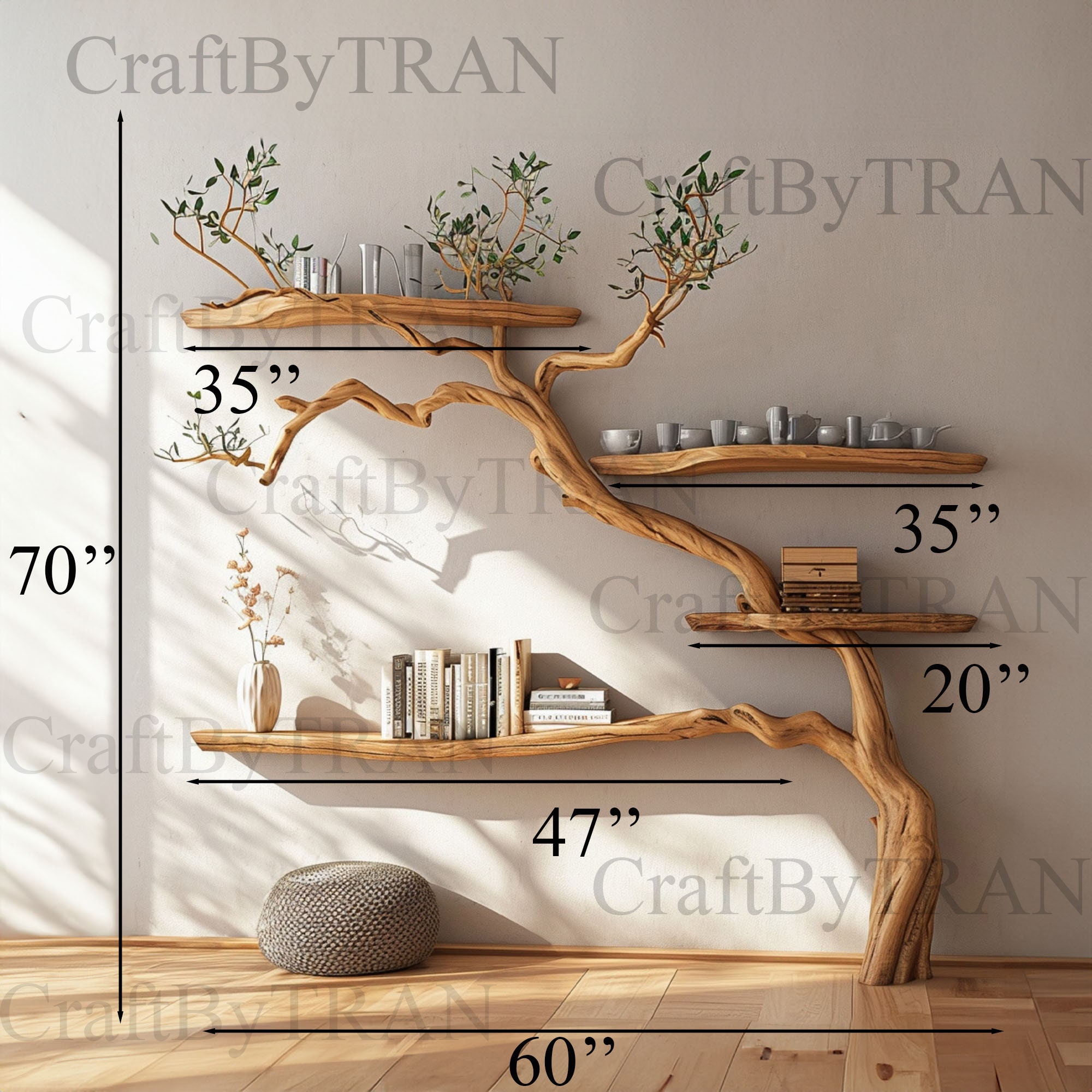木の枝の壁掛け本棚装飾、ミッドセンチュリーのフローティング本棚