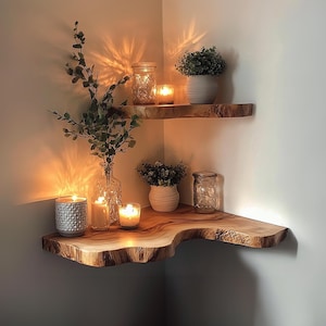 Rustic live edge corner floating shelf christmas wall shelf, Bookshelf decorations corner rustic wooden shelf home decor christmas gift