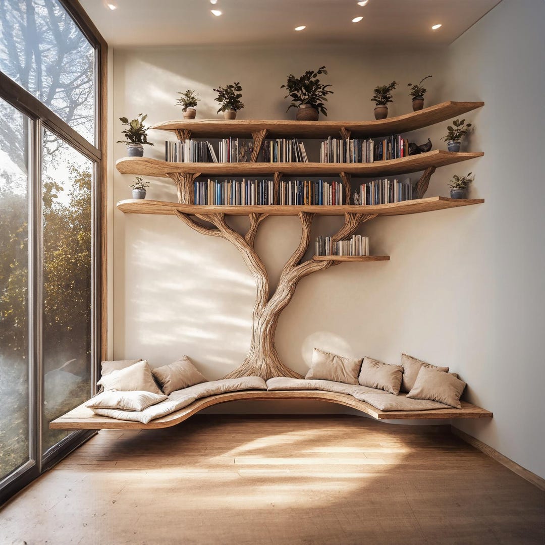 Driftwood Branch Tree Bookshelf With U Shaped Bench Custom Corner Bench ...