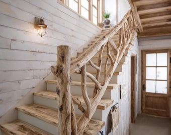 Live Edge Elegant wooden branch and leaf stair railing custom stair railing french country style branch railing stair riser Home Decor