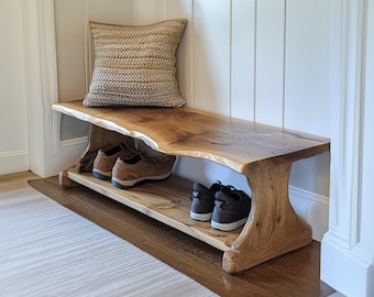 Solid wood entry shoe rack bench handmade, Rustic wood bench farmhouse gift home decor, Narrow shoe shelves entryway decor