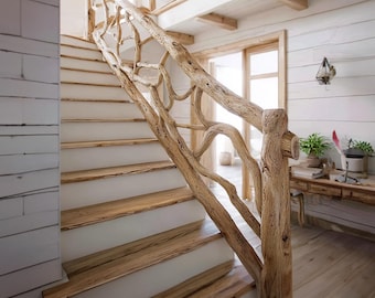 Custom Rustic Live Edge Stair Railing Handcrafted Wooden Branch Leaf Banister Farmhouse Staircase Railing French Country Home Decor