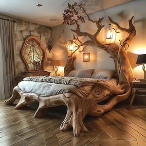 Queen Size & King Size Bed Frame - 100% Natural Solid Wood, Handmade Bedframe with Headboard | Custom Bedroom Furniture, Rustic Decoration