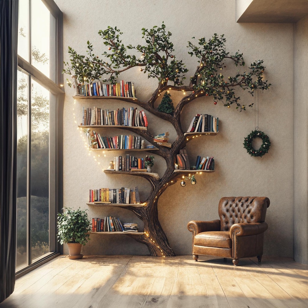 Black Tree Branch Bookshelf Wall Mount Xmas Floating Shelf Mid Century ...