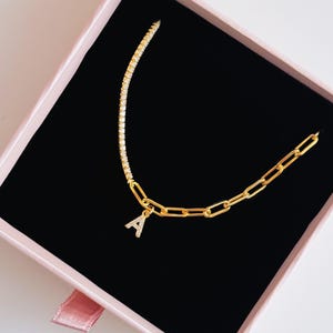 925 Sterling Silver Gold Initial Necklace, Custom Letter Pendant, Chain Link and Tennis Design, Personalized Gift Jewelry for Women