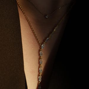 Gold Lume Drop Baguette Necklace, 925 Sterling Silver Y Lariat Chain, Elegant Gold Plated Statement Jewelry Gift for Women