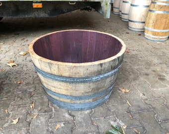 Holzfass Regentonne Miniteich Fasshälfte aus einem gebrauchten 225 Liter Barrique Fass 1/2 Hell , Fassl Baron, ca. 68cm Höhe ca. 42 cm