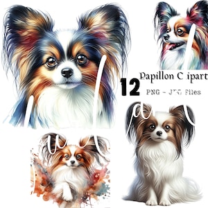 Papillon Clipart, 12 JPG de alta calidad, elaboración de papel digital, planificador digital, ropa, acuarela - Descarga digital