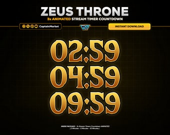 3x Zeus Throne Animated Stream Timer Countdown Pack for Twitch, Youtube, Kick | lightning, electric, thunder, yellow, gold, clean, medieval.