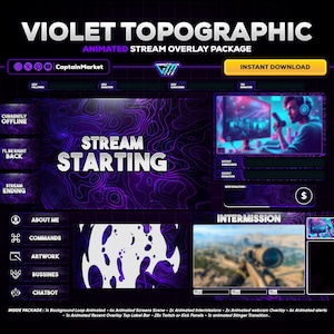 violet topography animated stream overlay package for twitch,youtube,kick | Modern - Neon - futuristic - Clean.