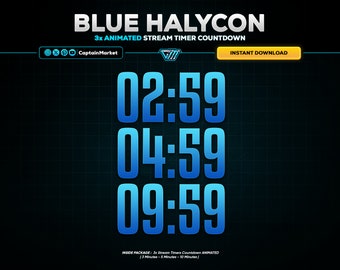 3x Blue Halycon Animated Stream Timer Countdown Pack for Twitch, Youtube, Kick | clean - minimalist - Tech - cyberpunk - Modern.