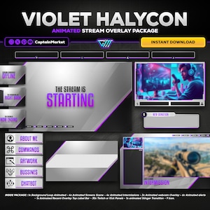 violet halycon animated stream overlay package for twitch,youtube,kick | Modern - Neon - futuristic - Clean - purple - White - Multicolor.