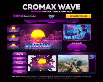 80s retrowave animated stream overlay package for twitch,youtube,kick | Synthwave - Neon - Retro - Vaporwave - Pink - Blue - Purple - 80s.