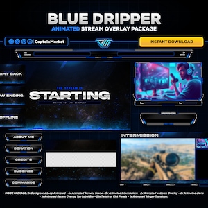 blue animated stream overlay package for twitch,youtube,kick | clean - minimalist - Tech - cyberpunk - Modern - navy - black.