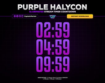 3x Purple Halycon Animated Stream Timer Countdown Pack for Twitch, Youtube, Kick | clean - minimalist - Tech - cyberpunk - Modern.