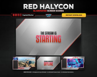 8x red animated stream screens scene pack for twitch,youtube,kick | clean - minimalist - Tech - cyberpunk - Modern - white - black.