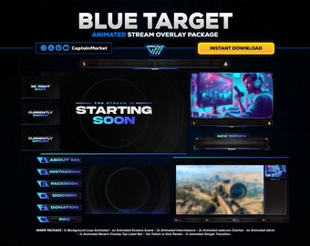 Blue Animated Stream Overlay: Neon Target Design for Twitch, YouTube, Kick (Instant Download)