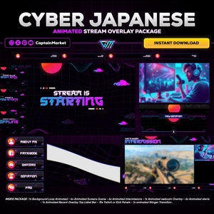 purple japanese animated stream overlay package for twitch,youtube,kick | Geometric - Sci-fi - Tech - cyberpunk - Modern - pink - Teal.