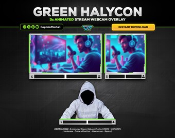 3x green animated stream webcam overlay pack for twitch,youtube,kick | clean - minimalist - Tech - cyberpunk - Modern - white - black.