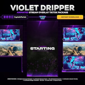 Violet Dripper animated live streaming tiktok overlay pack | vertical design | dark - green - cyberpunk - clean.