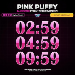 3x pink puffy Animated Stream timer Countdown Pack for Twitch, Kick, Youtube | chibi - cute - forest - cozy.