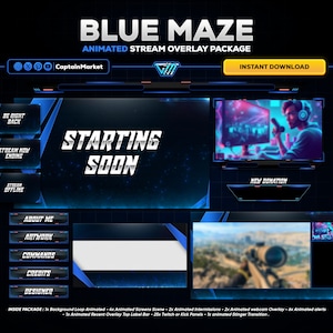 blue maze animated stream overlay package for twitch,youtube,kick | Geometric - Sci-fi - Tech - cyberpunk - Modern - black.