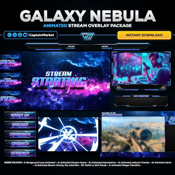 Galaxy Animated Stream Overlay Pack | NebulaTwitch Overlay Package | Blue Animated Stream Overlay Package | Twitch Panels | Stream Overlay