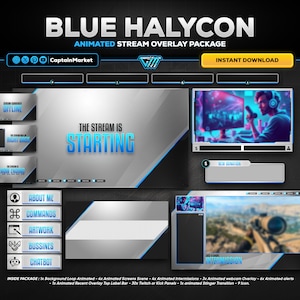 blue halycon animated stream overlay package for twitch,youtube,kick | Modern - Neon - futuristic - Clean - sky - Black - Multicolor.