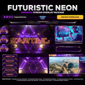 Neon Futuristic Animated Stream Overlay Bundle | Twitch Kick YouTube Screens Panels Alerts | VTuber Streaming Kit Instant Download