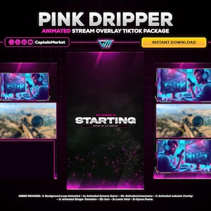 Pink Dripper animated live streaming tiktok overlay pack | vertical design | dark - green - cyberpunk - clean.