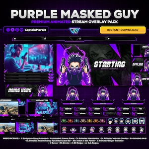 purple animated stream overlay package for twitch,youtube,kick | screens,alerts,webcams,panels,transition,emotes,badges | perfect gamer gift