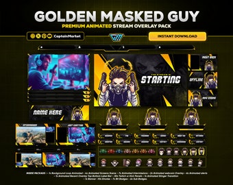 golden animated stream overlay package for twitch/youtube/kick | clean - minimalist - modern | screens, webcam,panels,alerts,emotes,badges.