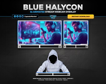 3x blue animated stream webcam overlay pack for twitch,youtube,kick | clean - minimalist - Tech - cyberpunk - Modern - white - black.