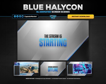 8x blue animated stream screens scene pack for twitch,youtube,kick | clean - minimalist - Tech - cyberpunk - Modern - white - black.