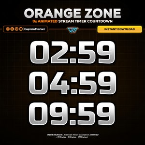 3x Orange Zone Animated Stream timer Countdown Pack for Twitch, Kick, Youtube | Futuristic - Cyberpunk - Aesthetic - Modern - Clean.