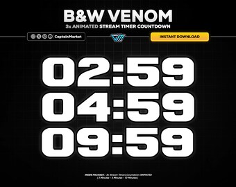 3x Black & White Animated Stream Timer Countdown Pack for Twitch, Youtube, Kick | Futuristic - cyberpunk - aesthetic - modern - clean.