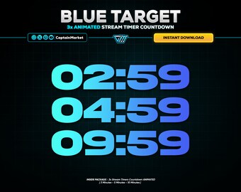 3x Blue Target Animated Stream Timer Countdown Pack for Twitch, Youtube, Kick | Modern - Neon - Circle - Clean - Ocean - Purple- Black.