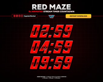3x Red Maze Animated Stream Timer Countdown Pack for Twitch, Youtube, Kick | Modern - Neon - Circle - Clean - white - Black.