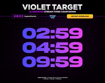 3x Violet Target Animated Stream Timer Countdown Pack for Twitch, Youtube, Kick | Modern - Neon - Circle - Clean - Purple - Pink - Black.