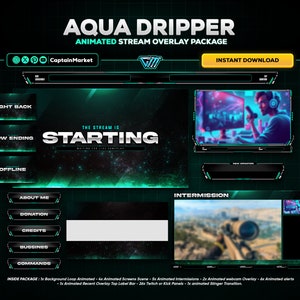 aqua dripper animated stream overlay package for twitch,youtube,kick | Modern - Neon - Circle - Clean - emerald - Black - Multicolor.
