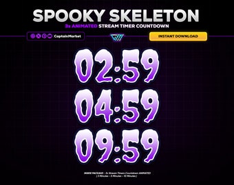 3x Spooky Skeleton Animated Stream Timer Countdown Pack for Twitch, Youtube, Kick | haloween,gothic,horror,purple.