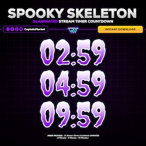 May include: A digital graphic with the text "SPOOKY SKELETON" and "3x ANIMATED STREAM TIMER COUNTDOWN." It features three animated timer countdowns: 02:59, 04:59, and 09:59, in a purple and white color scheme. The words "INSTANT DOWNLOAD" are also present.