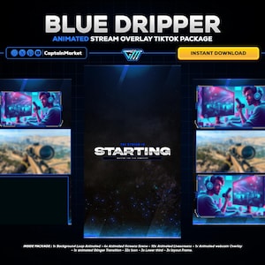 Blue Dripper Animated Stream Overlay Package for TikTok Live | Vertical Cyberpunk Scenes, OBS Stinger Transition | Layout Instant Download