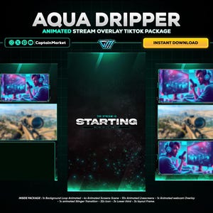 Aqua Dripper animated live streaming tiktok overlay pack | vertical design | dark - green - cyberpunk - clean.