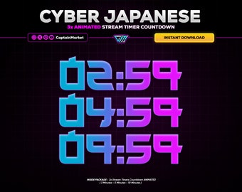 3x Cyber Japanese Animated Stream Timer Countdown Pack for Twitch, Youtube, Kick | Futuristic - cyberpunk - aesthetic - modern - dark.