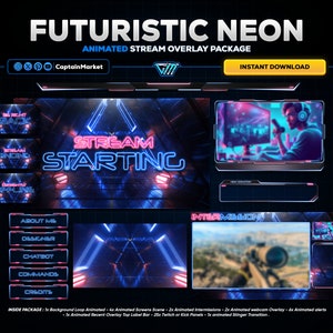burn blue futuristic neon animated stream overlay package for twitch,youtube,kick | Geometric - Sci-fi - Tech - cyberpunk - Modern - pink.