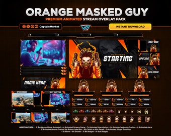 orange animated stream overlay package for twitch,youtube,kick | clean - minimalist - modern | screens, webcam.panels,alerts,emotes,badges.